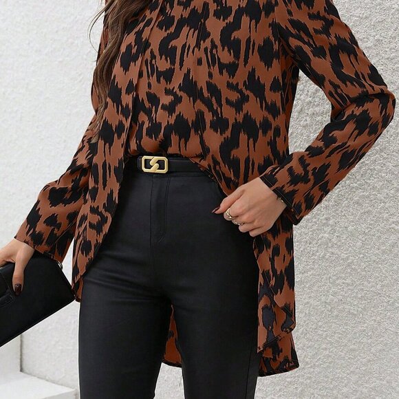 Multicolor Casual Women's Allover Printed Stand Collar High Low Blouse - Picture 5 of 6